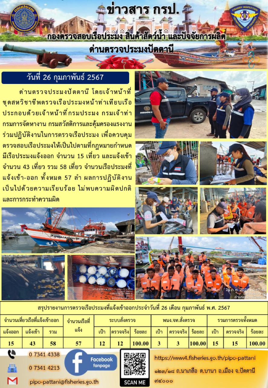 ข่าวสารการปฏิบัติงาน ด่านตรวจประมงปัตตานี วันที่ 26 กุมภาพันธ์ 2567..คลิก