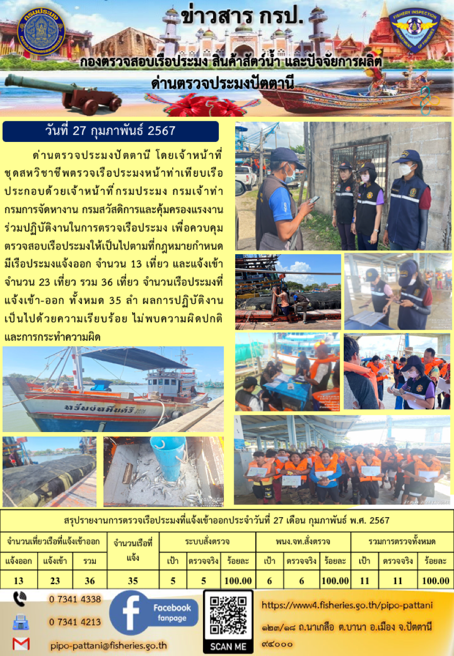 ข่าวสารการปฏิบัติงาน ด่านตรวจประมงปัตตานี วันที่ 27 กุมภาพันธ์ 2567..คลิก