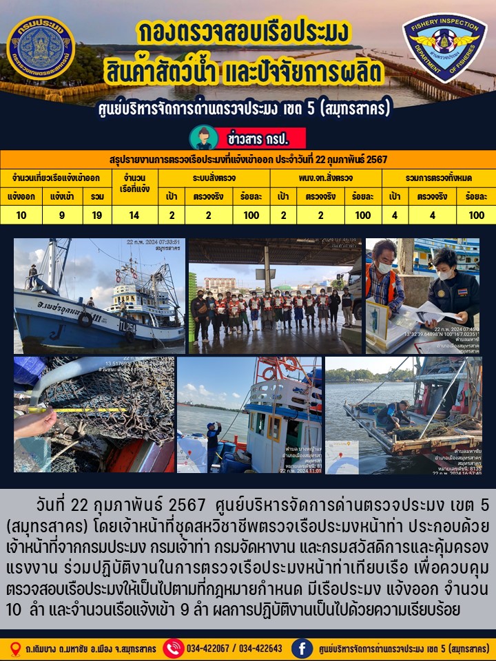 รายงานการตรวจเรือประมงที่แจ้งเข้าออกประจำวันที่ 22 กุมภาพันธ์ 2567