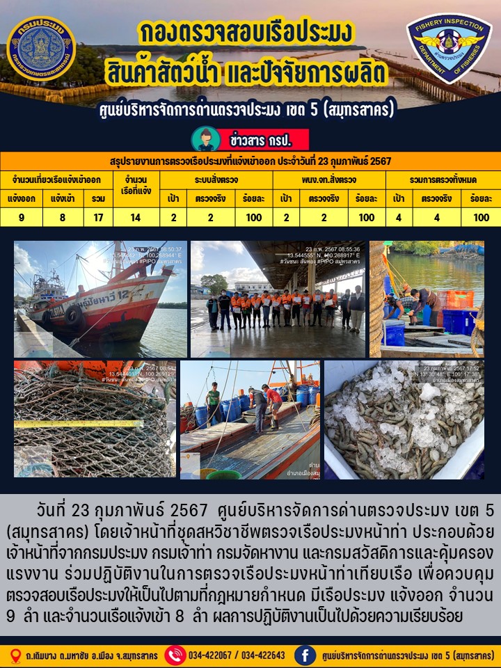 รายงานการตรวจเรือประมงที่แจ้งเข้าออกประจำวันที่ 23 กุมภาพันธ์ 2567..คลิก