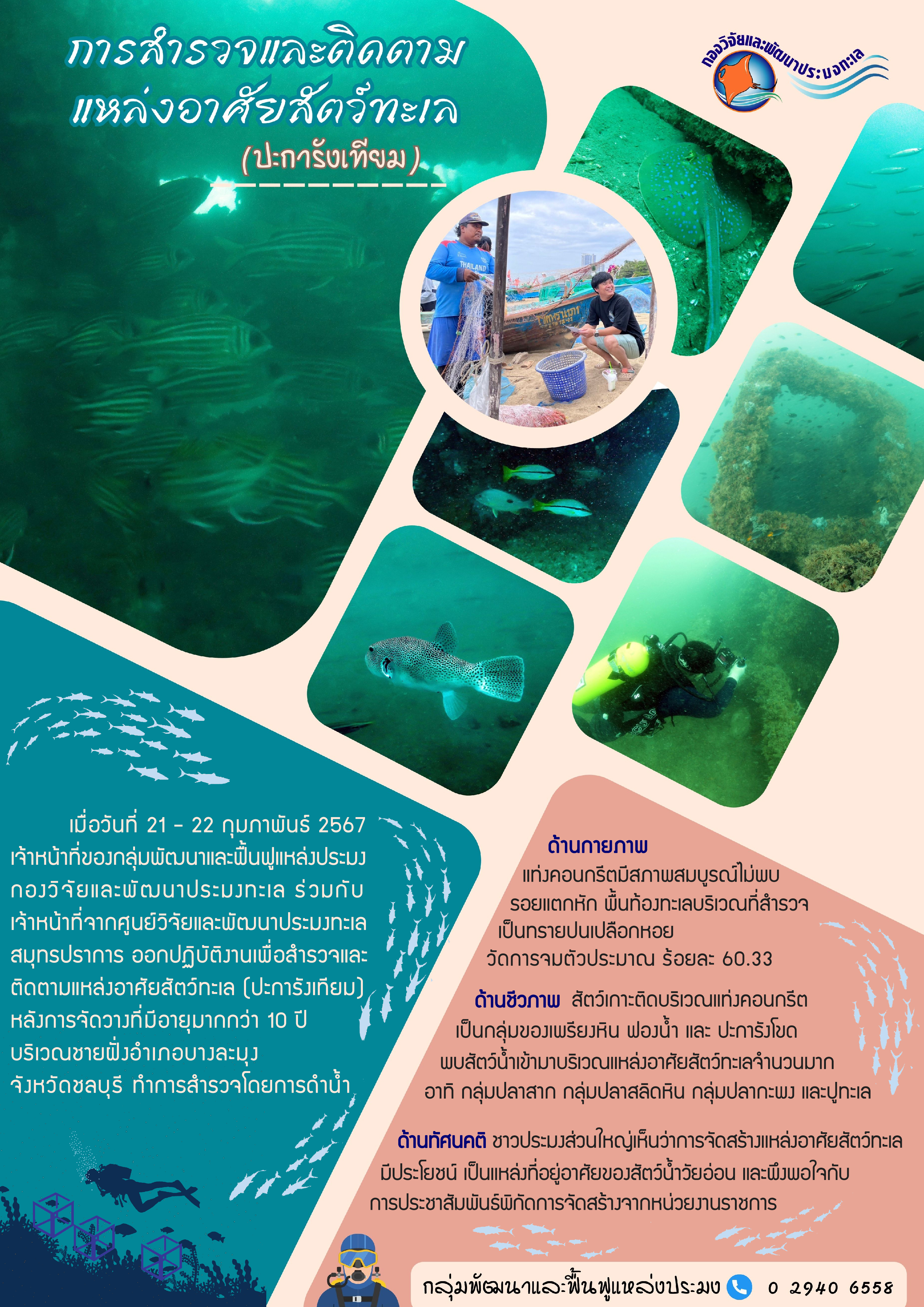 วันที่ 21-22 กุมภาพันธ์ 2567 เจ้าหน้าที่ของกลุ่มพัฒนาและฟื้นฟูแหล่งประมง กองวิจัยและพัฒนาประมงทะเล ร่วมกับเจ้าหน้าที่จากศูนย์วิจัยและพัฒนาประมงทะเลสมุทรปราการ ออกปฏิบัติงานเพื่อสำรวจและติดตามแหลางอาศัยสัตว์ทะเล (ปะการังเทียม) หลังการจัดวางที่มีอายุมากกว่า 10 ปี บริเวณชายฝั่งอำเภอบางละมุง จังหวัดชลบุรี ทำการสำรวจโดยการดำน้ำ ฯลฯ..คลิก