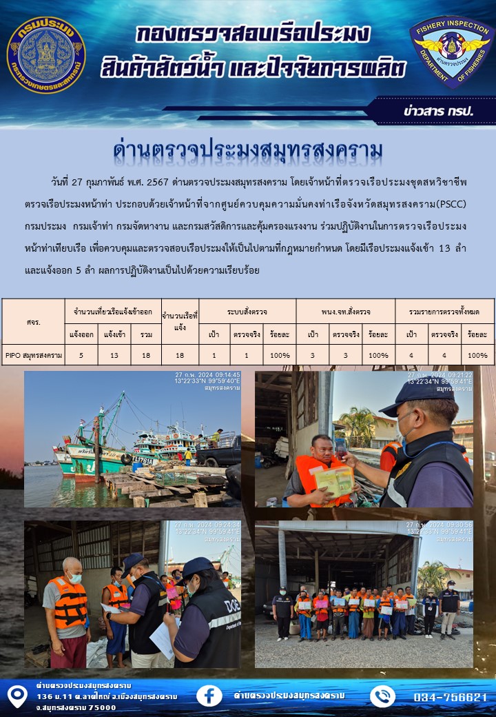 สถิติการแจ้งเข้า - ออกเรือประมงพาณิชย์ ด่านตรวจประมงสมุทรสงคราม ประจำวันที่ 27 กุมภาพันธ์ 2567..คลิก