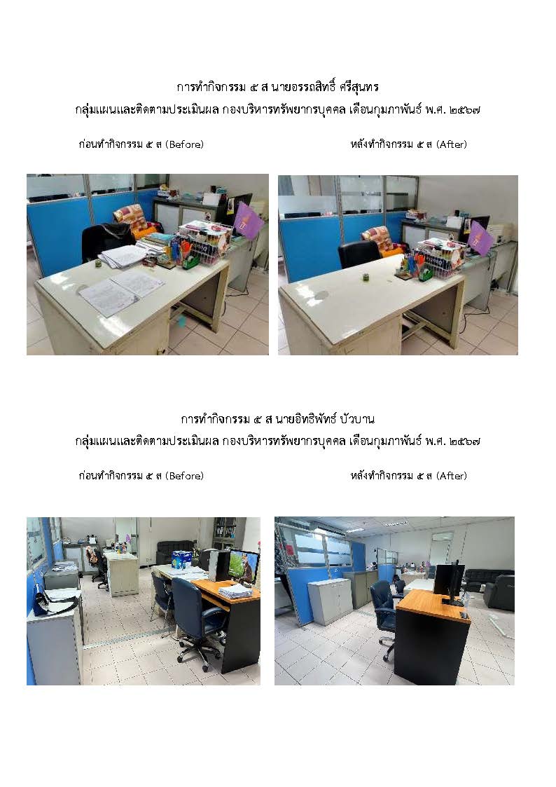 กลุ่มแผนและติดตามประเมิลผล ได้ดำเนินการทำกิจกรรม 5 ส  ตามนโยบายของกองบริหารทรัพยากรบุคคล เพื่อมุ่งเน้นการพัฒนางาน พัฒนาคนเพิ่มพูนประสิทธิภาพในการปฏิบัติงาน พัฒนาคุณภาพชีวิตของบุคลากร ให้มีสภาพแวดล้อมของการทำงานให้สะอาดเป็นระเบียบเรียบร้อยและมีความปลอดภัย..คลิก