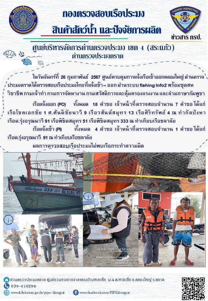 ผลการปฏิบัติงานของศูนย์ควบคุมการแจ้งเรือเข้าออกคลองใหญ่ ด่านตรวจประมงตราด ประจำวันที่ 26 กุมภาพันธ์ 2567..คลิก