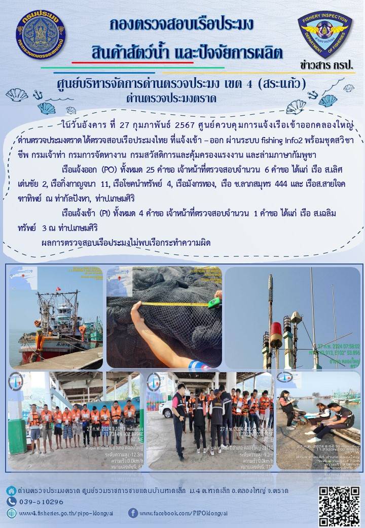 ผลการปฏิบัติงานของศูนย์ควบคุมการแจ้งเรือเข้าออกคลองใหญ่ ด่านตรวจประมงตราด ประจำวันที่ 27 กุมภาพันธ์ 2567..คลิก