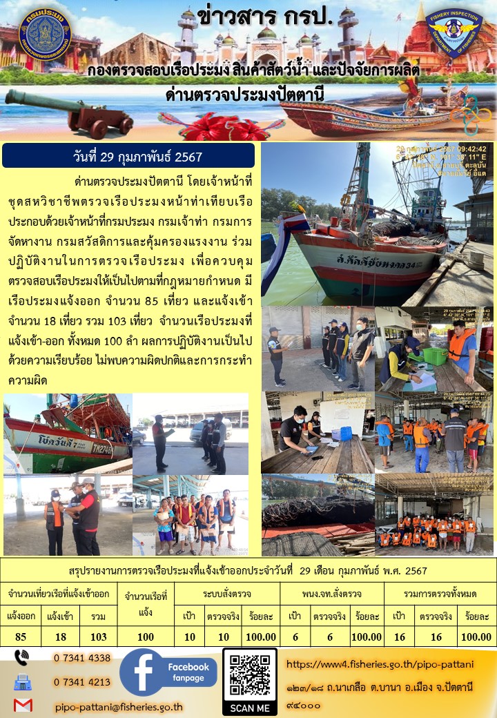 ข่าวสารการปฏิบัติงาน ด่านตรวจประมงปัตตานี วันที่ 29 กุมภาพันธ์ 2567..คลิก