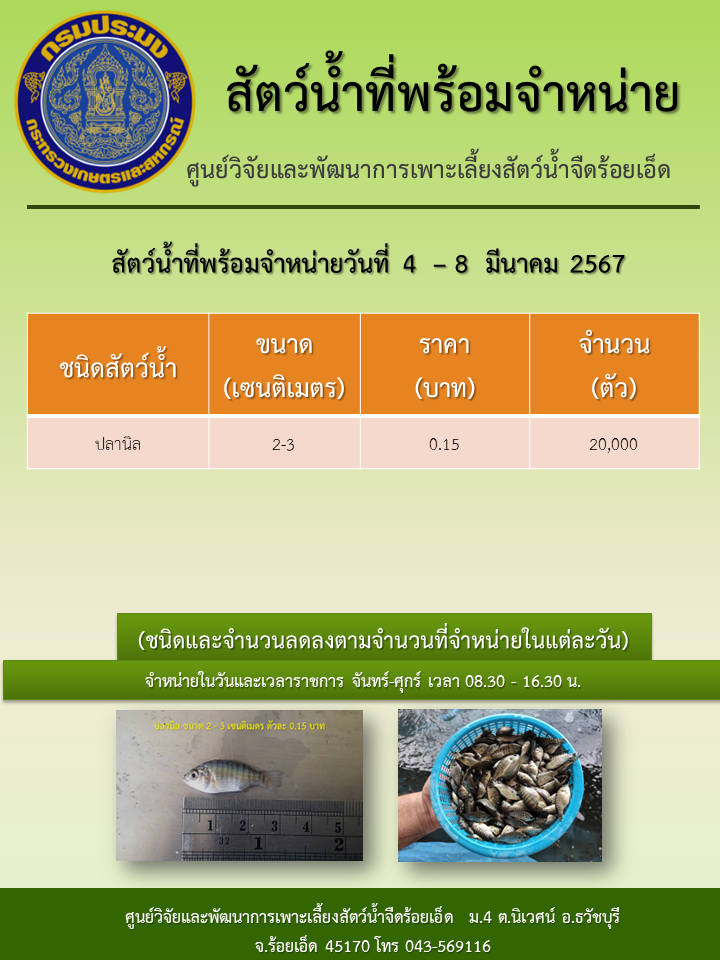 สัตว์น้ำที่พร้อมจำหน่ายวันที่ 4  – 8  มีนาคม 2567  ครับผม..คลิก