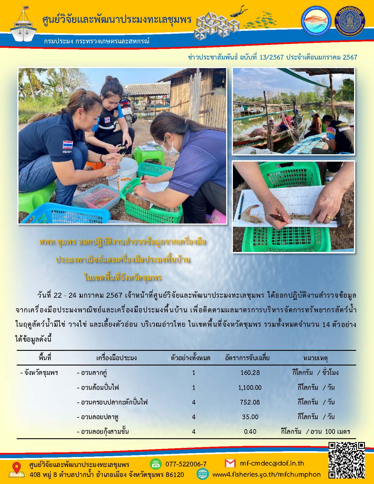 ศพท.ชุมพร ออกปฎิบัติงานสำรวจข้อมูลจากเครื่องมือประมงพาณิชย์และเครื่องมือประมงพื้นบ้าน ในเขตพื้นที่จังหวัดชุมพร