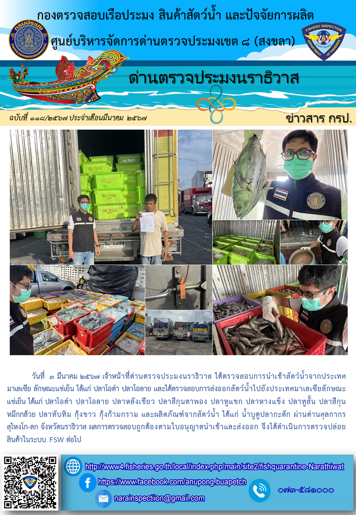 ประชาสัมพันธ์ด่านตรวจประมงนราธิวาส ประจำวันที่ 3 มีนาคม 2567..คลิก