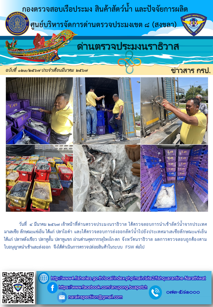 ประชาสัมพันธ์ด่านตรวจประมงนราธิวาส ประจำวันที่ 4 มีนาคม 2567..คลิก