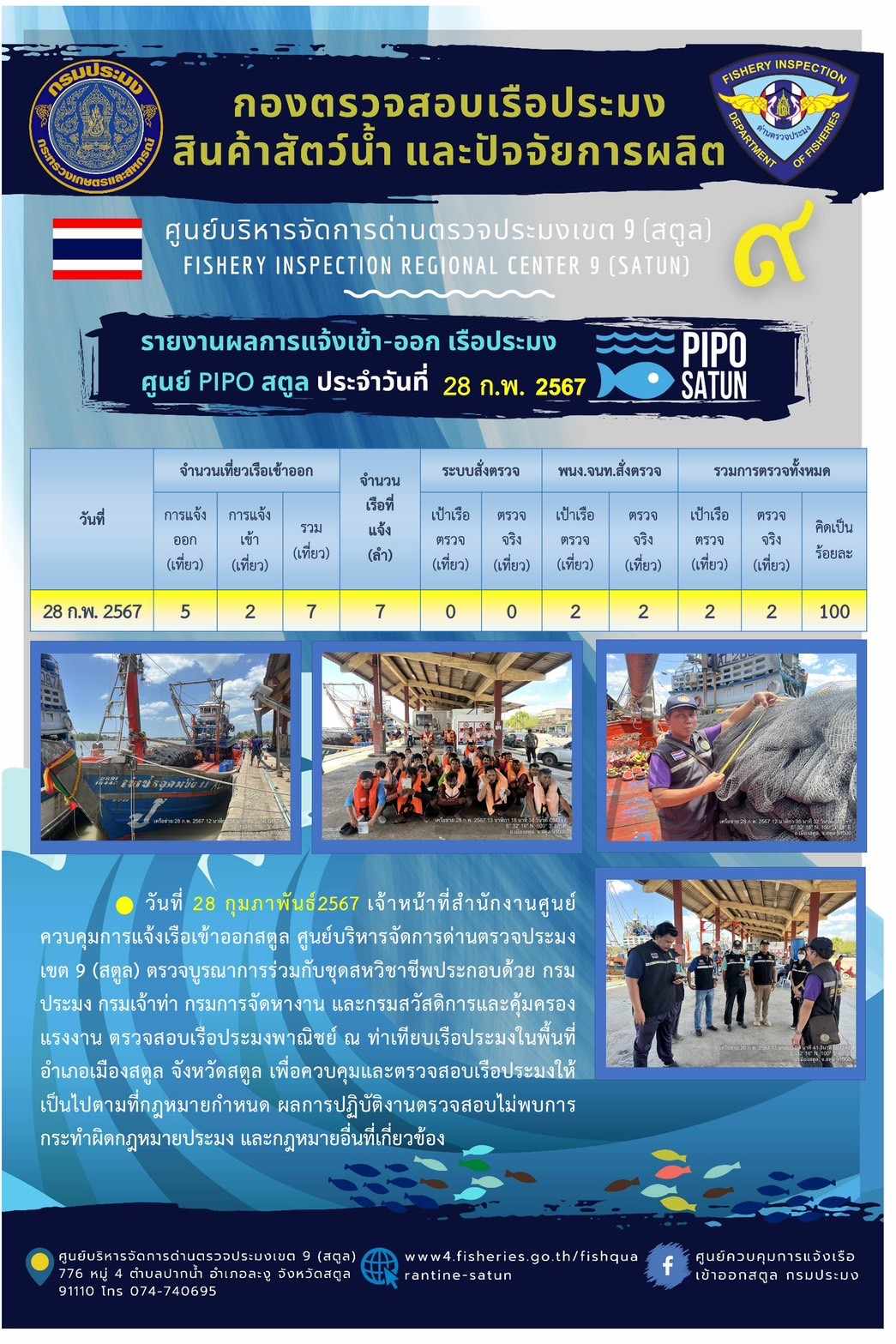ประชาสัมพันธ์การปฏิบัติงานศูนย์บริหารจัดการด่านตรวจประมงเขต 9 (สตูล) ประจำวันที่ 27 กุมภาพันธ์ - 1 มีนาคม 2567..คลิก
