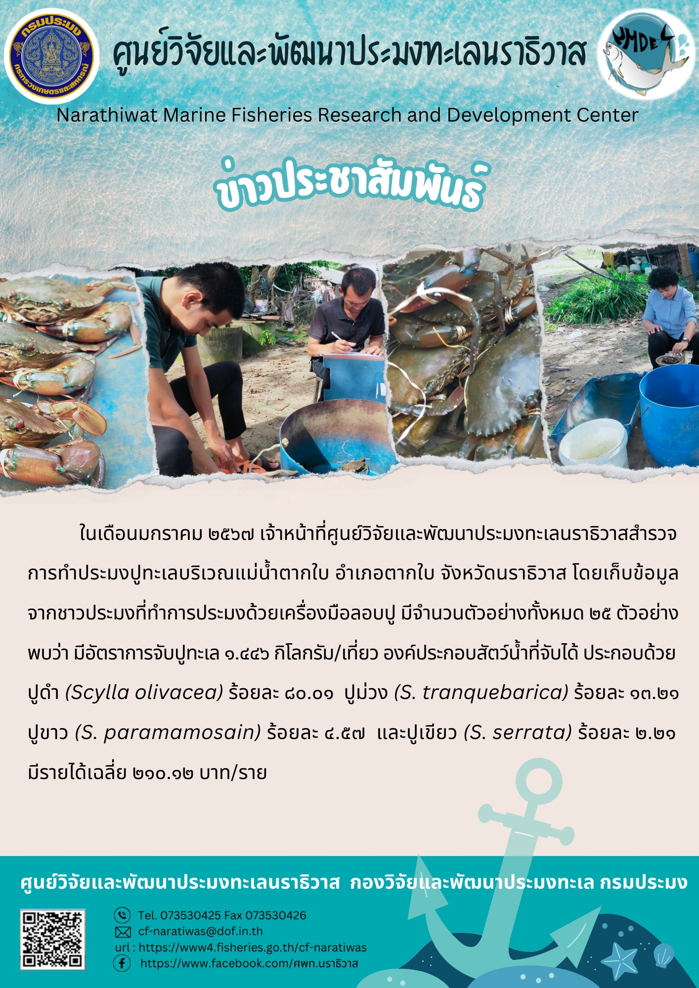 การเก็บข้อมูลผลผลิตปูทะเลประจำเดือนมกราคม 2567..คลิก