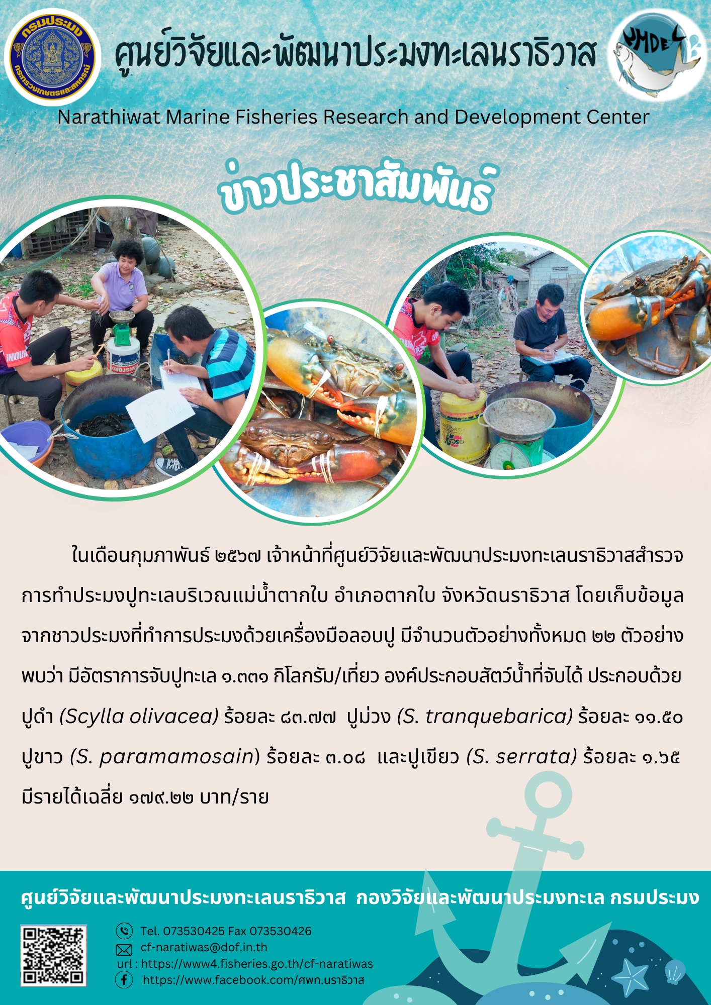 การเก็บข้อมูลผลผลิตปูทะเลประจำเดือนกุมภาพันธ์ 2567..คลิก