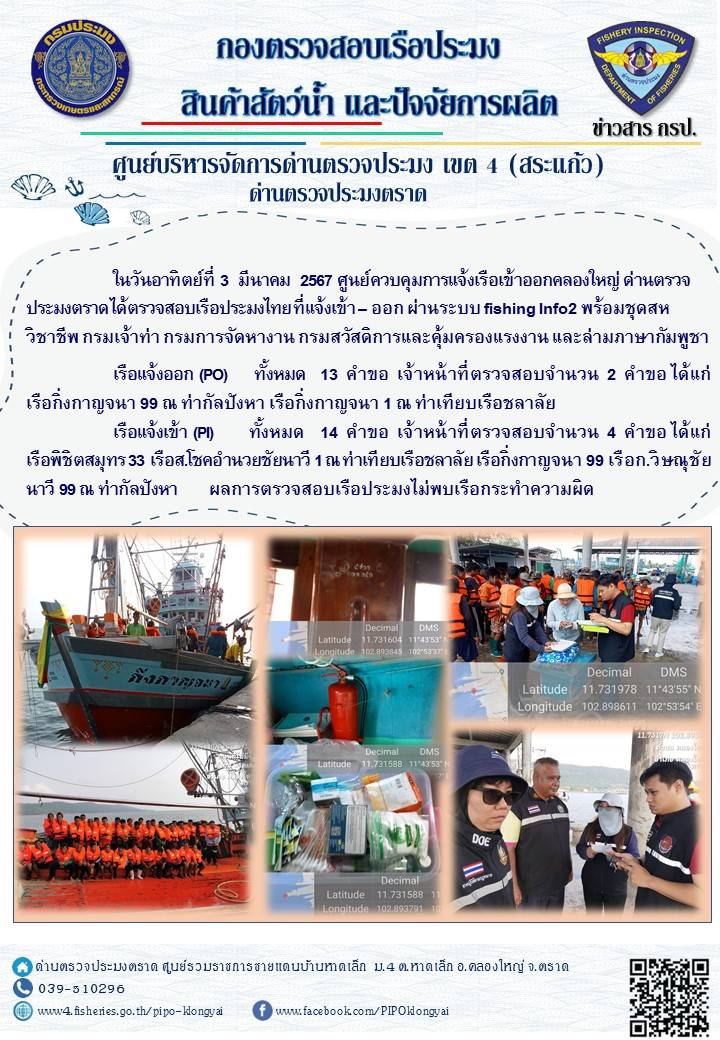 ผลการปฏิบัติงานของศูนย์ควบคุมการแจ้งเรือเข้าออกคลองใหญ่ ด่านตรวจประมงตราด ประจำวันที่ 3 มีนาคม 2567..คลิก