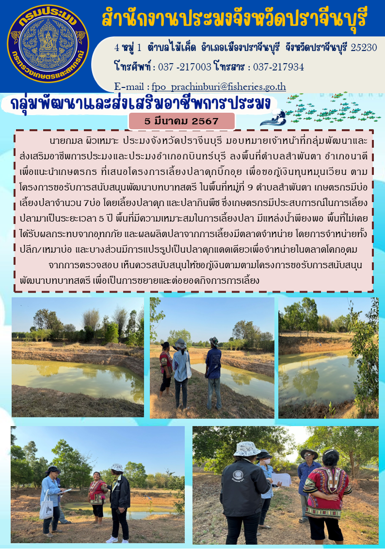 ข่่าวประชาสัมพันธ์ กลุ่มพัฒนาและส่งเสริมอาชีพประมงลงพื้นที่ตำบลสำพันตา อำเภอนาดีเพื่อแนะนำเกษตร  ที่เสนอโครงการเลี้ยงปลาดุกบิ๊กอุย..คลิก
