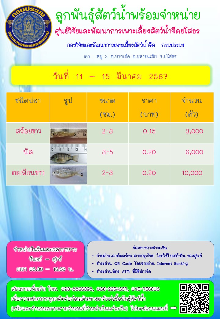 ลูกพันธุ์สัตว์น้ำพร้อมจำหน่าย 11 - 15 มี.ค. 2567..คลิก