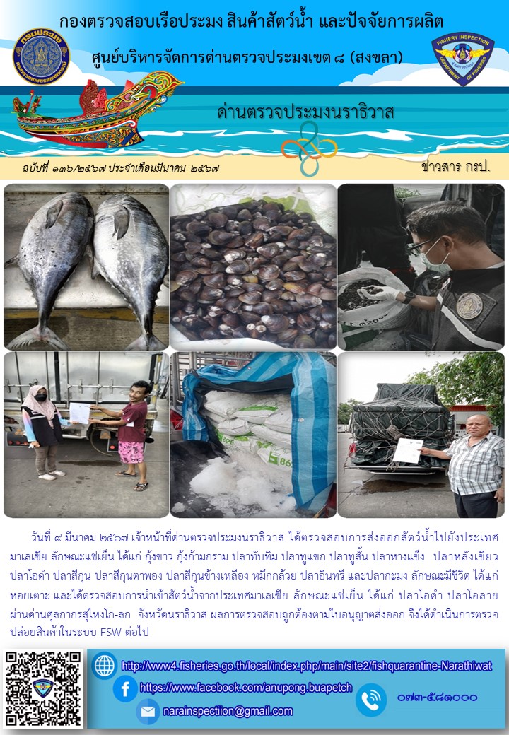 ประชาสัมพันธ์ด่านตรวจประมงนราธิวาส ประจำวันที่ 9 มีนาคม 2567..คลิก