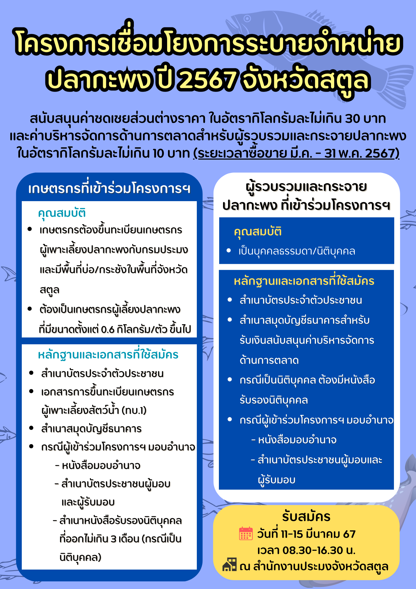 โครงการเชื่อมโยงการระบายจำหน่ายปลากะพง ปี 2567 จังหวัดสตูล..คลิก