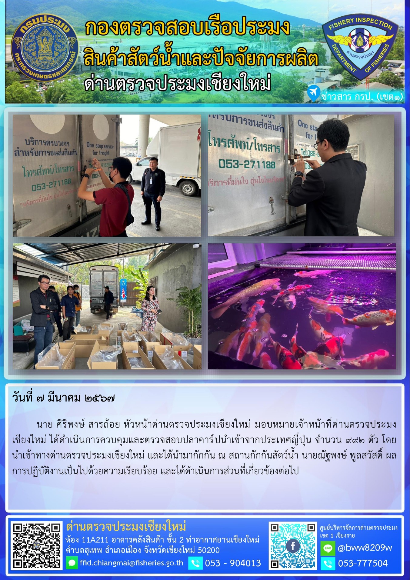 7 มี.ค.67 นาย ศิริพงษ์ สารถ้อย หัวหน้าด่านตรวจประมงเชียงใหม่ มอบหมายเจ้าหน้าที่ด่านตรวจประมงเชียงใหม่ ได้ดำเนินการควบคุมและตรวจสอบปลาคาร์ปนำเข้าจากประเทศญี่ปุ่น..คลิก