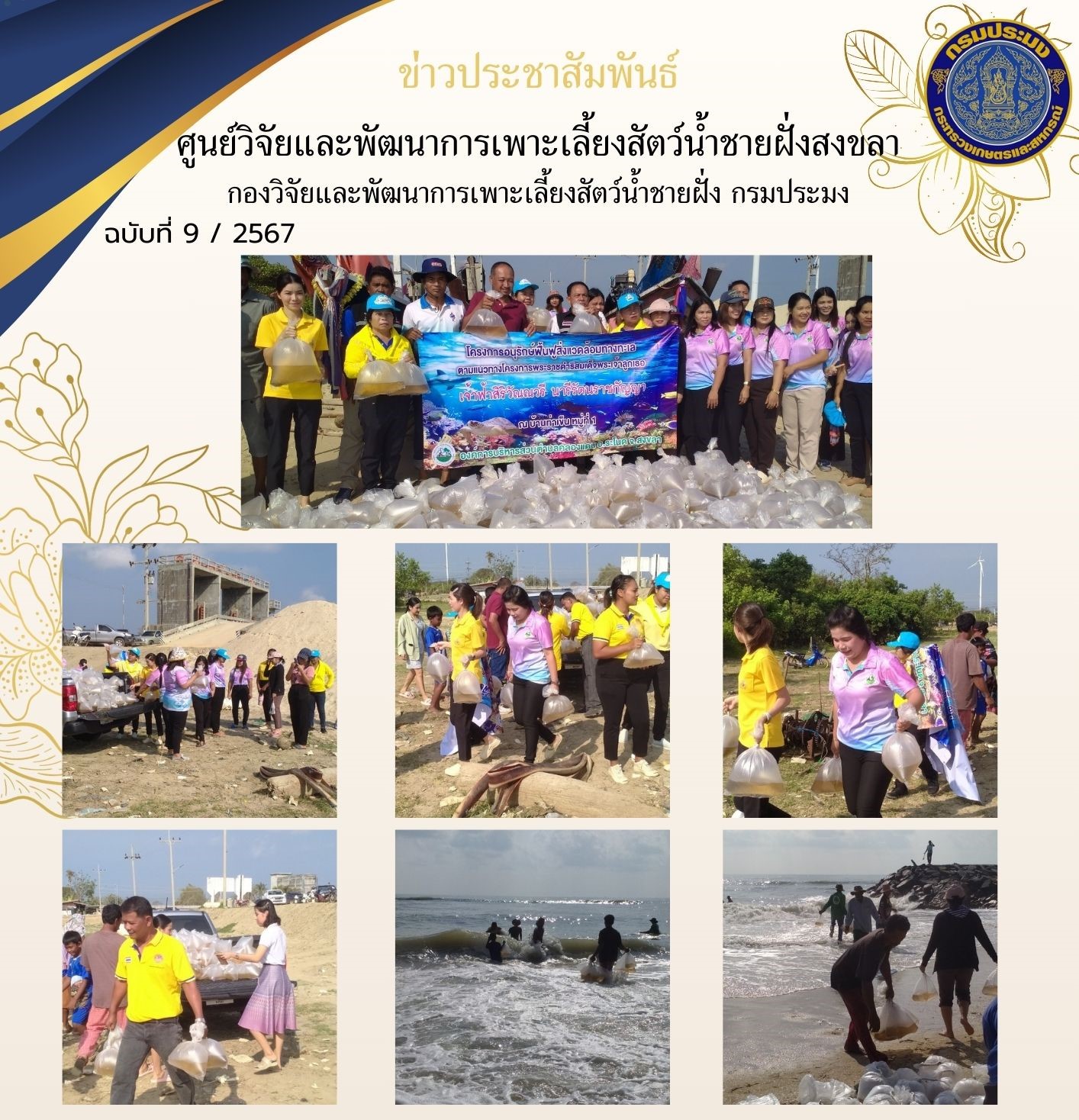วันที่ 12 มีนาคม 2567 นางสาวปริศนา คลิ้งสุขคล้าย ผู้อำนวยการศูนย์วิจัยและพัฒนาการเพาะเลี้ยงสัตว์น้ำชายฝั่งสงขลา มอบหมายให้นายชลิต สง่างาม นักวิชาการประมงชำนาญการ นำลูกพันธุ์กุ้งกุลาดำ จำนวน 300,000 ส่งมอบให้แก่องค์การบริหารส่วนตำบลคลองแดน และร่วมกิจกรรมอนุรักษ์ฟื้นฟูสิ่งแวดล้อมทางทะเล ตามแนวโครงการในพระดำริสมเด็จพระเจ้าลูกเธอ เจ้าฟ้าสิริวัณวรี นารีรัตนราชกัญญา..คลิก