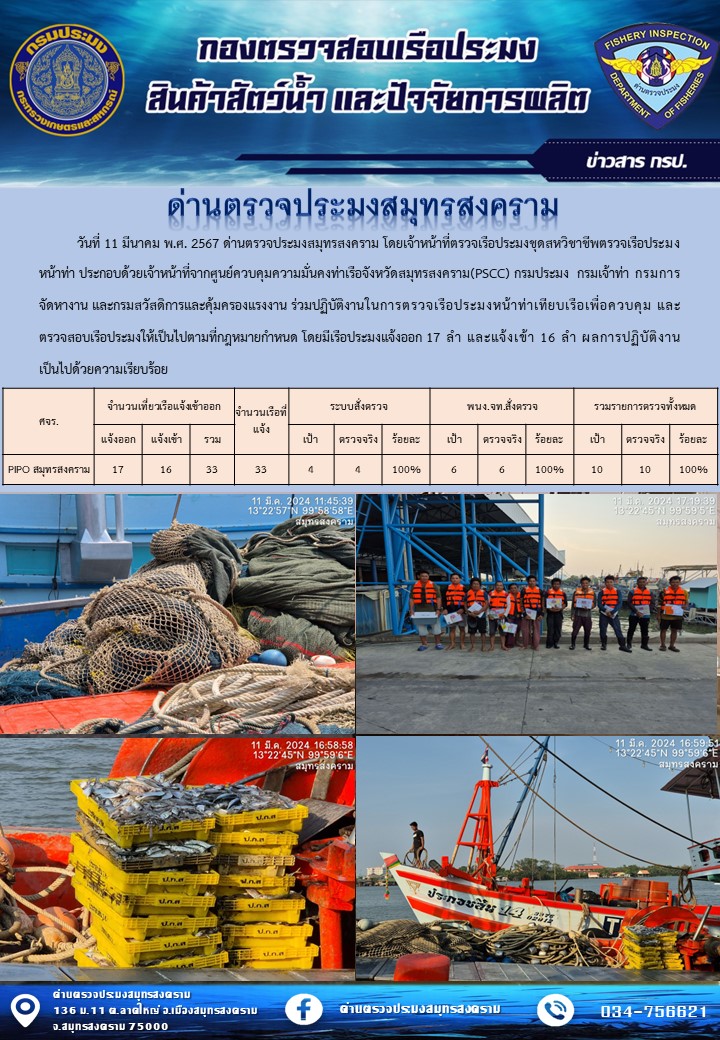 สถิติการแจ้งเข้า - ออกเรือประมงพาณิชย์ ด่านตรวจประมงสมุทรสงคราม ประจำวันที่ 11 มีนาคม 2567..คลิก