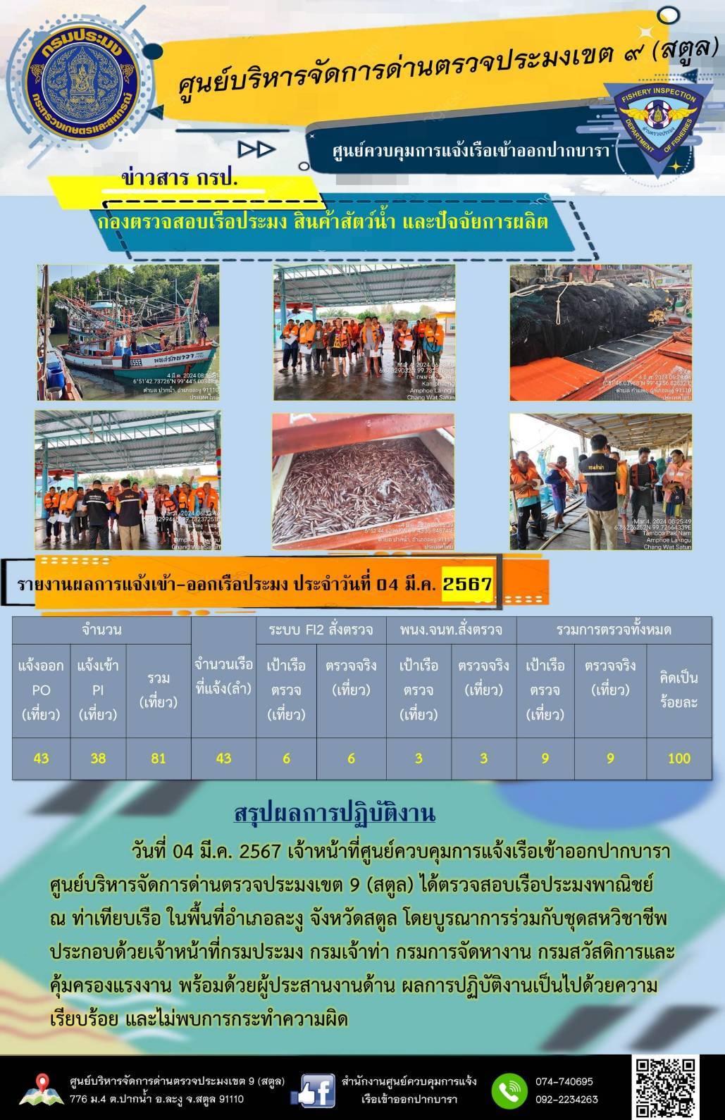 ประชาสัมพันธ์การปฏิบัติงานศูนย์บริหารจัดการด่านตรวจประมงเขต 9 (สตูล) ประจำวันที่ 4 - 8 มีนาคม 2567..คลิก