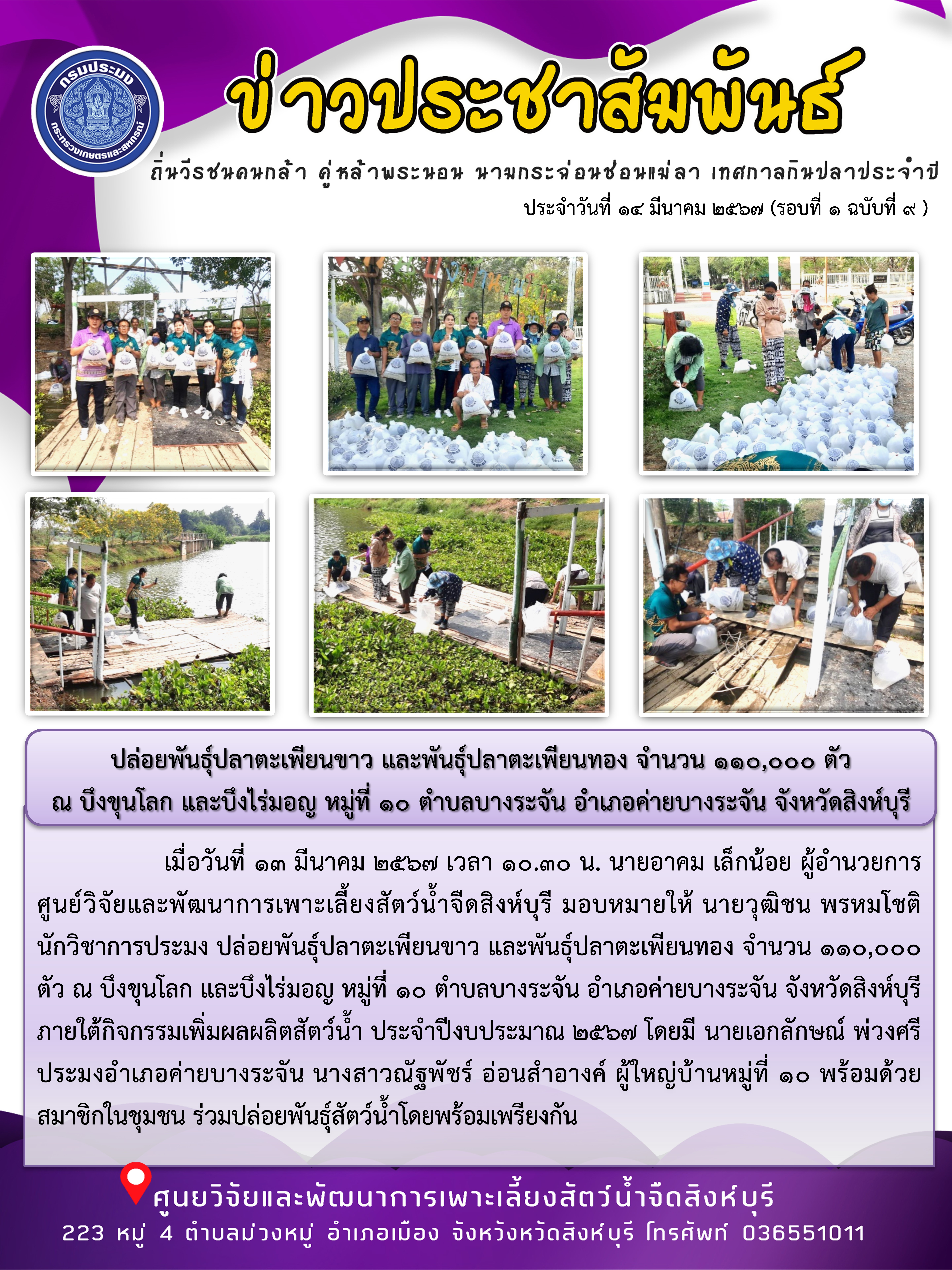 ปล่อยพันธุ์ปลาตะเพียนขาว และพันธุ์ปลาตะเพียนทอง จำนวน 110,000 ตัว  ณ บึงขุนโลก และบึงไร่มอญ หมู่ที่ 10 ตำบลบางระจัน อำเภอค่ายบางระจัน จังหวัดสิงห์บุรี..คลิก