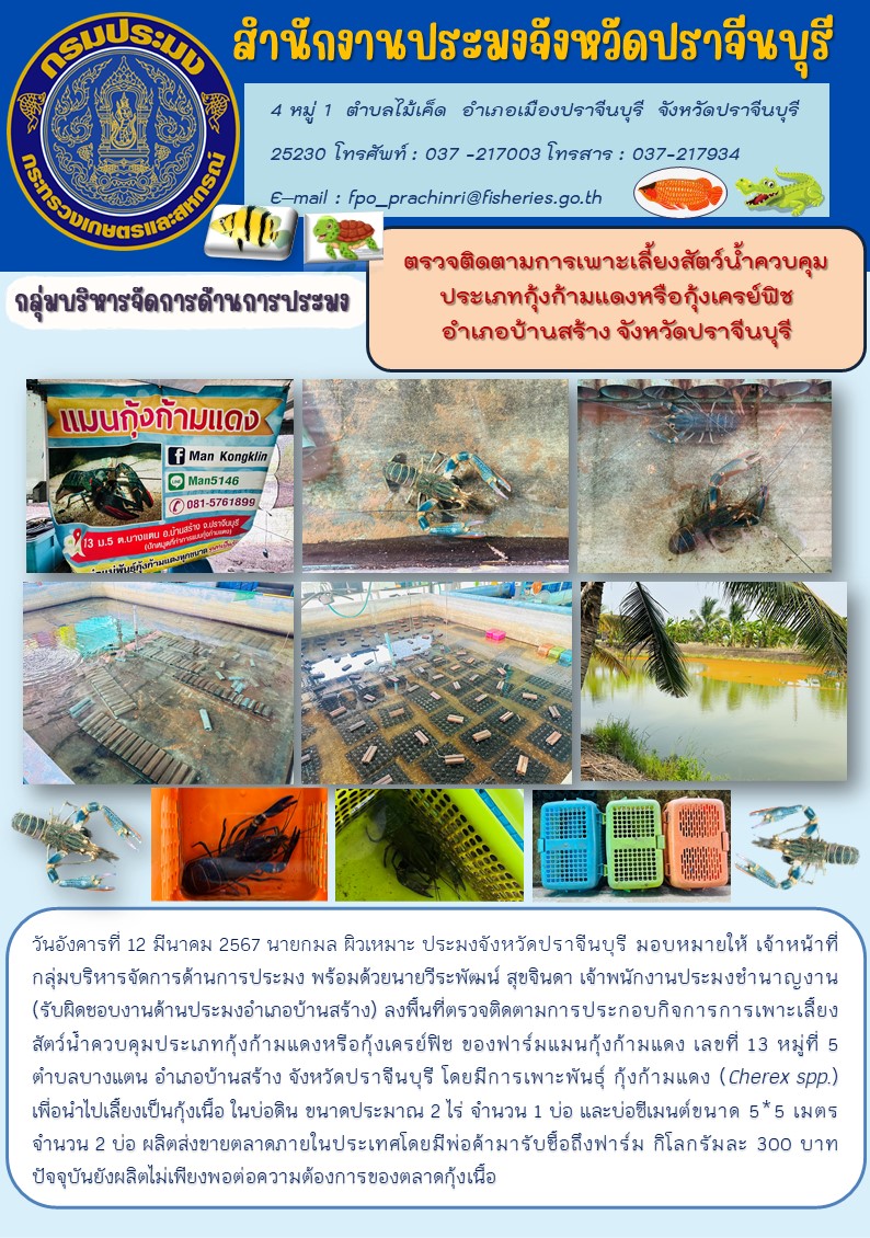 ข่าวประชาสัมพันธ์ กลุ่มบริหารจัดการด้านการประมง ลงพื้นที่ตรวจติดตามการเพาะเลี้ยงสัตว์นำ้ควบคุม ประเภทกุ้งก้ามแดงหรือกุ้งเครย์ฟิช อำเภอบ้านสร้าง..คลิก