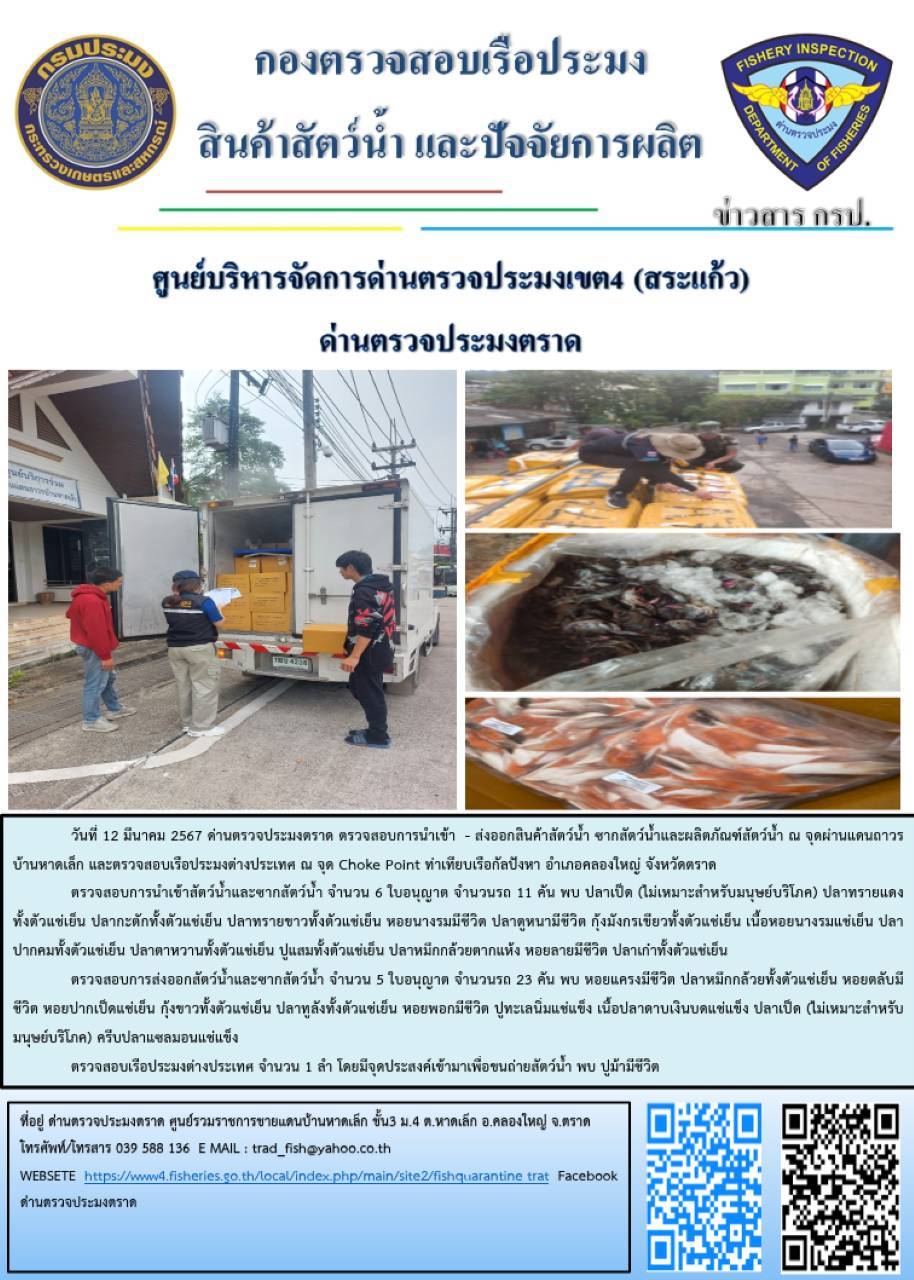 ผลการปฏิบัติงานส่วนงานควบคุมการนำเข้า - ส่งออกสัตว์น้ำ ซากสัตว์น้ำและผลิตภัณฑ์สัตว์น้ำ ด่านตรวจประมงตราด ประจำวันที่ 12 มีนาคม 2567..คลิก