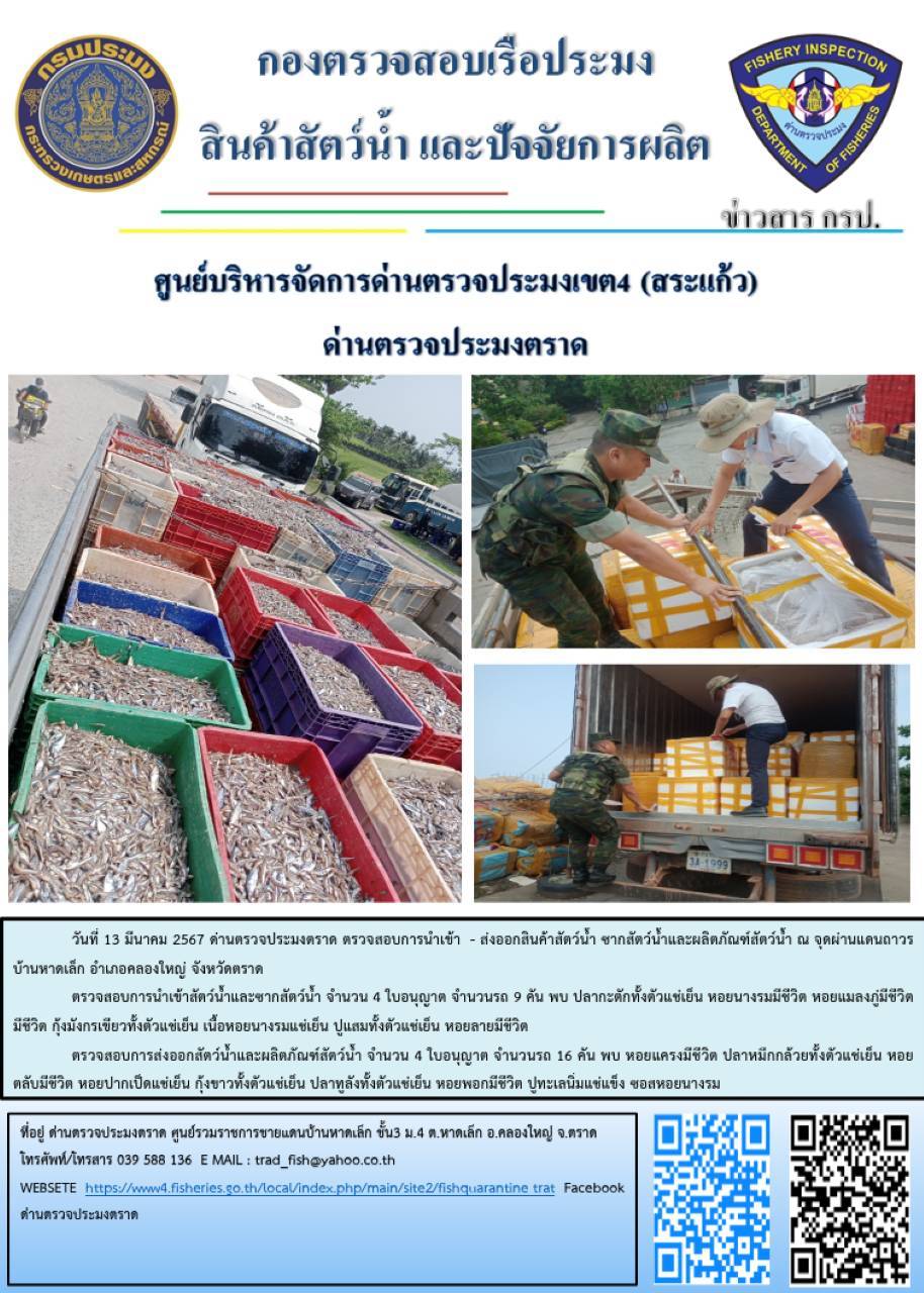 ผลการปฏิบัติงานส่วนงานควบคุมการนำเข้า - ส่งออกสัตว์น้ำ ซากสัตว์น้ำและผลิตภัณฑ์สัตว์น้ำ ด่านตรวจประมงตราด ประจำวันที่ 13 มีนาคม 2567..คลิก