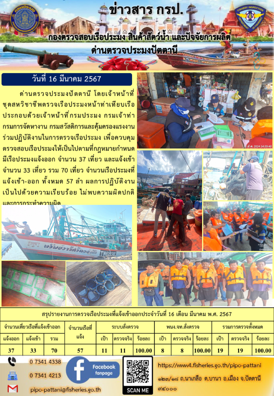 ข่าวสารการปฏิบัติงาน ด่านตรวจประมงปัตตานี วันที่ 16 มีนาคม 2567