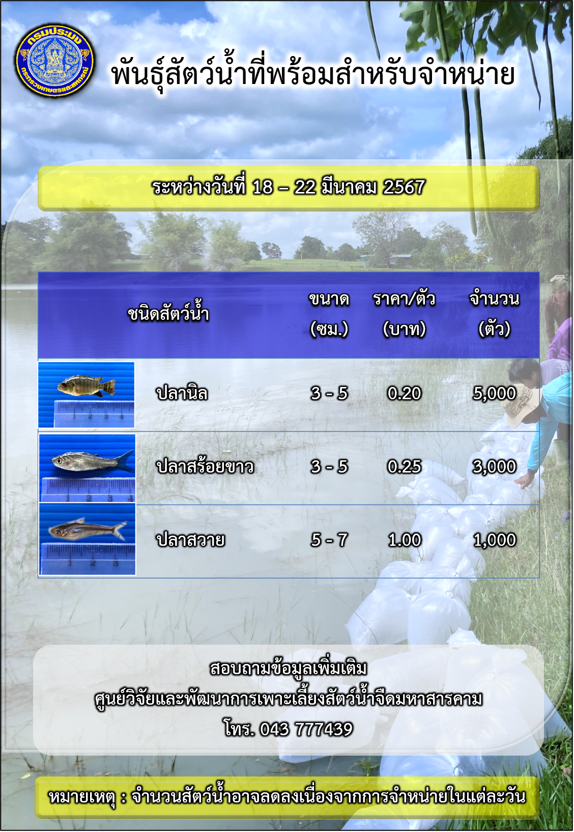 พันธุ์สัตว์น้ำที่พร้อมสำหรับจำหน่าย ระหว่างวันที่ 18 – 22 มีนาคม 2567..คลิก