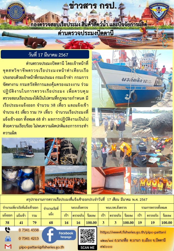 ข่าวสารการปฏิบัติงาน ด่านตรวจประมงปัตตานี วันที่ 17 มีนาคม 2567