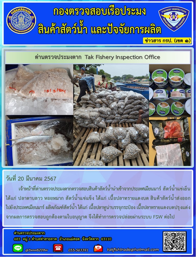 วันที่ 20 มีนาคม 2567           เจ้าหน้าที่ด่านตรวจประมงตากตรวจสอบสินค้าสัตว์น้ำนำเข้าจากประเทศเมียนมาร์ สัตว์น้ำแช่เย็น ได้แก่ ปลาดาบลาว หอยหมาก สัตว์น้ำแช่แข็ง ได้แก่ เนื้อปลาทรายแดงบด สินค้าสัตว์น้ำส่งออกไปยังประเทศเมียนมาร์ ผลิตภัณฑ์สัตว์น้ำ ได้แก่ เนื้อปลาทูน่าบรรจุกระป๋อง เนื้อปลาทรายแดงบดปรุงแต่ง จากผลการตรวจสอบถูกต้องตามใบอนุญาต จึงได้ทำการตรวจปล่อยผ่านระบบ FSW ต่อไป..คลิก