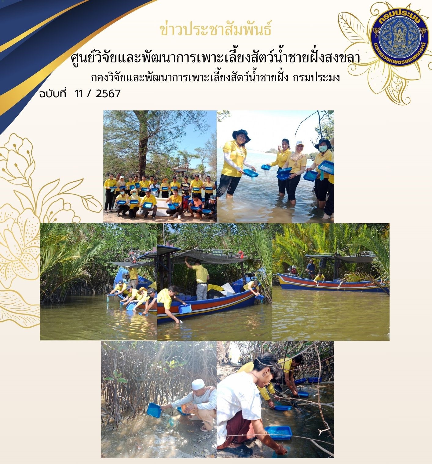 เมื่อวันที่ 18 มีนาคม 2567 นางสาวปริศนา คลิ้งสุขคล้าย ผู้อำนวยการศูนย์วิจัยและพัฒนาการเพาะเลี้ยงสัตว์น้ำชายฝั่งสงขลา มอบหมายให้นายอุกฤษฏ์ ชูสุวรรณ นักวิชาการประมงปฏิบัติการ ส่งมอบพันธุ์ปูทะเล ขนาด 0.3-0.5 เซนติเมตร จำนวน 100,000 ตัว ให้แก่สำนักงานประมงจังหวัดนราธิวาส..คลิก