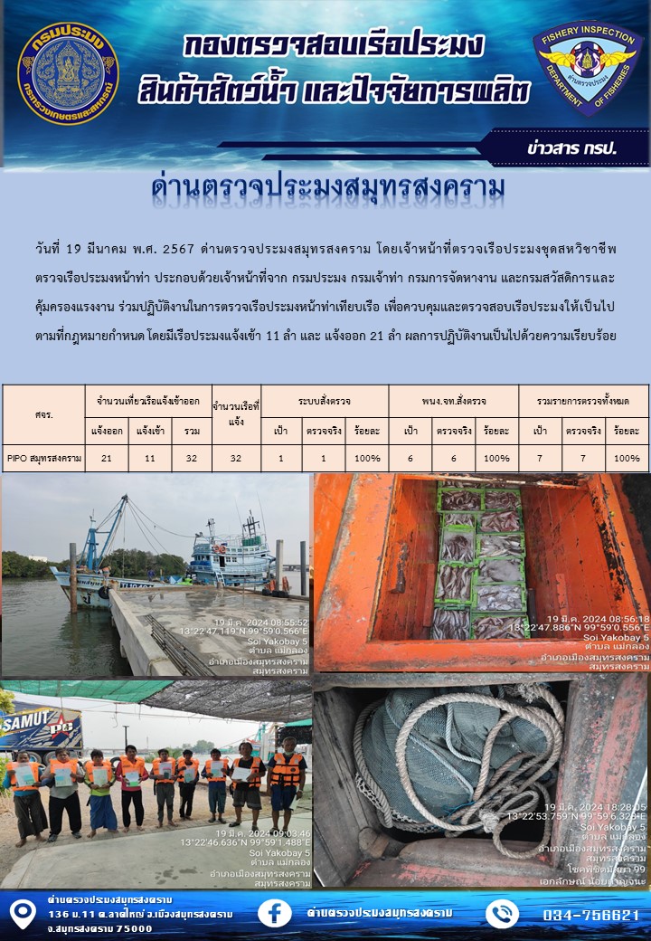 สถิติการแจ้งเข้า - ออกเรือประมงพาณิชย์ ด่านตรวจประมงสมุทรสงคราม ประจำวันที่ 19 มีนาคม 2567..คลิก