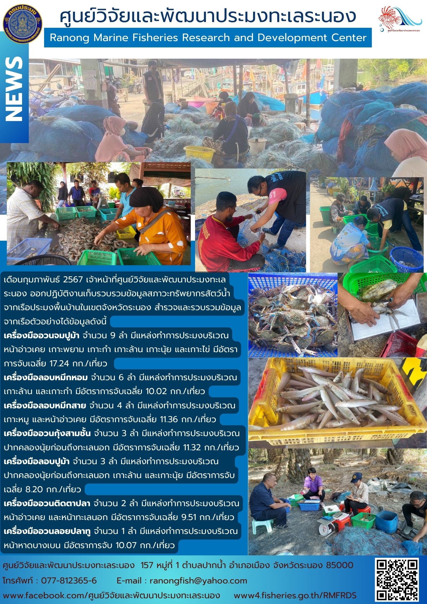 เดือนกุมภาพันธ์ 2567 เจ้าหน้าที่ศูนย์วิจัยและพัฒนาประมงทะเลระนอง ออกปฏิบัติงานเก็บรวบรวมข้อมูลสภาวะทรัพยากรสัตว์น้ำจากเรือประมงพื้นบ้านในเขตจังหวัดระนอง สำรวจและรวบรวมข้อมูลจากเรือตัวอย่างได้ข้อมูลดังนี้ เครื่องมืออวนจมปูม้า จำนวน 9 ลำ มีแหล่งทำการประมงบริเวณหน้าอ่าวเคย เกาะพยาม เกาะกำ เกาะล้าน เกาะนุ้ย และเกาะไข่ มีอัตราการจับเฉลี่ย 17.24 กก./เที่ยว ฯลฯ..คลิก