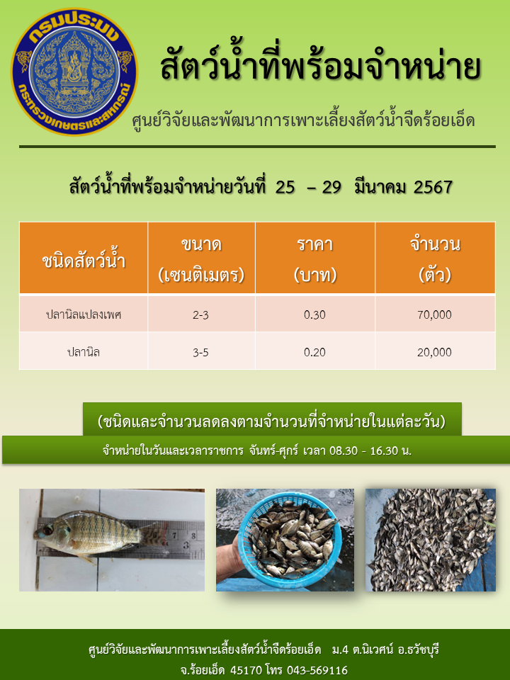 สัตว์น้ำที่พร้อมจำหน่ายวันที่ 25  – 29  มีนาคม 2567..คลิก