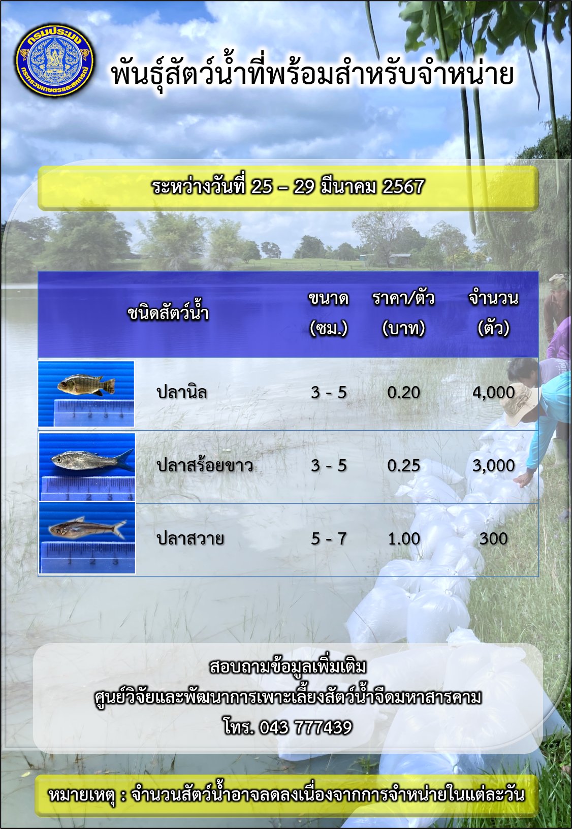 พันธุ์สัตว์น้ำที่พร้อมสำหรับจำหน่าย ในช่วงระหว่างวันที่ 25 - 29 มีนาคม 2567..คลิก