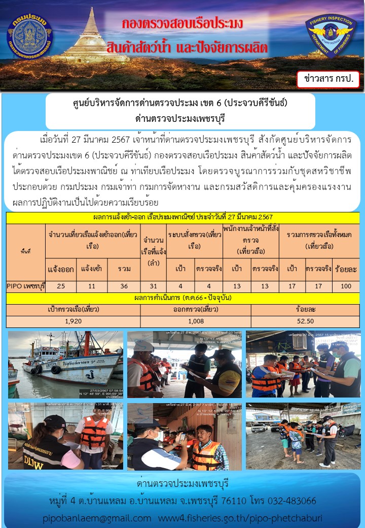 ข่าวประชาสัมพันธ์ ด่านตรวจประมงเพชรบุรี สถิติเรือที่แจ้งเข้า - ออก ประจำวันที่ 27 มี.ค. 2567..คลิก