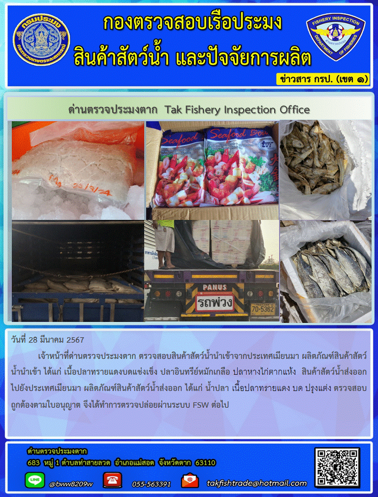 วันที่ 28 มีนาคม 2567           เจ้าหน้าที่ด่านตรวจประมงตาก ตรวจสอบสินค้าสัตว์น้ำนำเข้าจากประเทศเมียนมา ผลิตภัณฑ์สินค้าสัตว์น้ำนำเข้า ได้แก่ เนื้อปลาทรายแดงบดแช่งเข็ง ปลาอินทรีย์หมักเกลือ ปลาหางไก่ตากแห้ง  สินค้าสัตว์น้ำส่งออกไปยังประเทศเมียนมา ผลิตภัณฑ์สินค้าสัตว์น้ำส่งออก ได้แก่ น้ำปลา เนื้อปลาทรายแดง บด ปรุงแต่ง ตรวจสอบถูกต้องตามใบอนุญาต จึงได้ทำการตรวจปล่อยผ่านระบบ FSW ต่อไป..คลิก