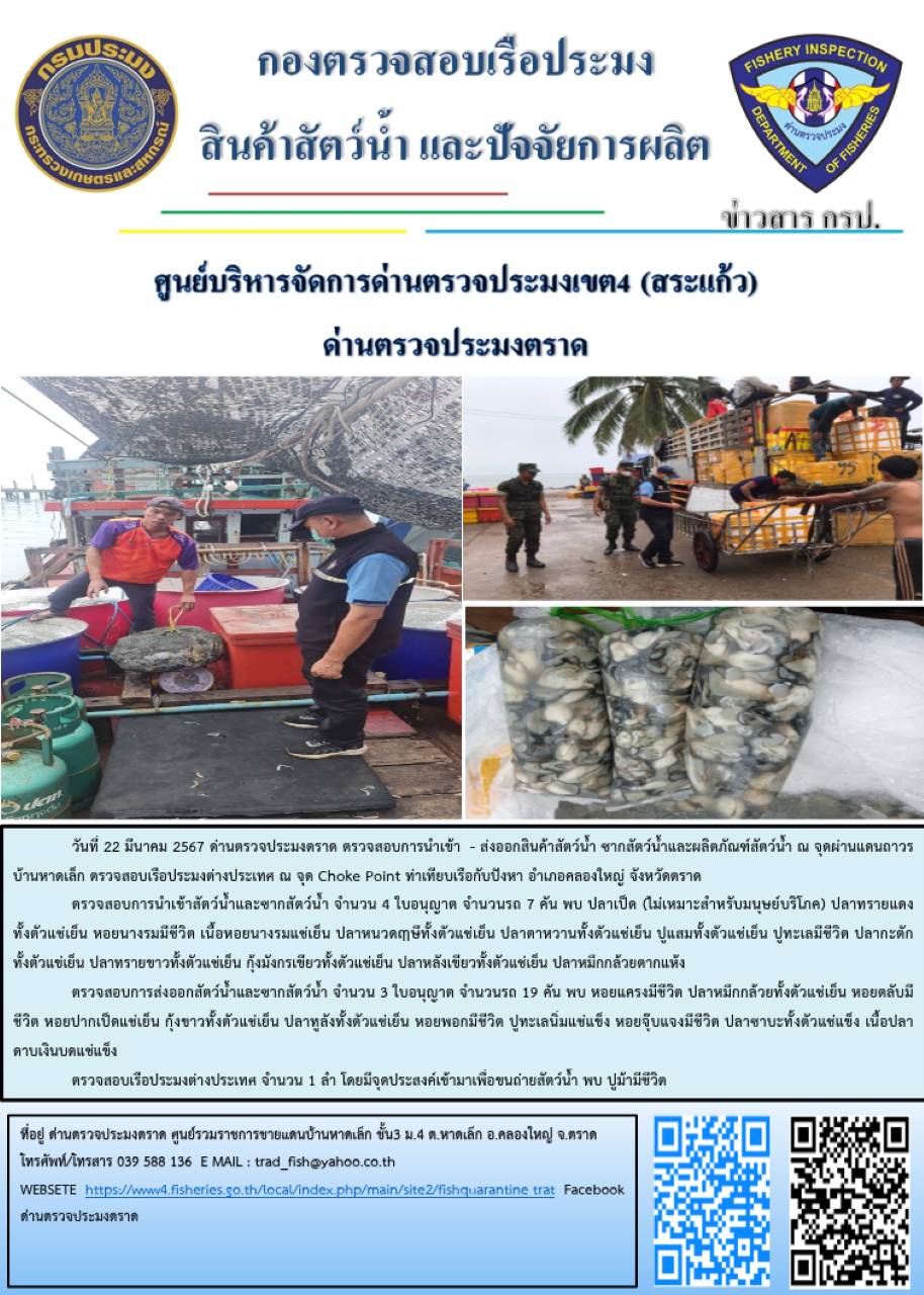 ผลการปฏิบัติงานส่วนงานควบคุมการนำเข้า - ส่งออกสัตว์น้ำ ซากสัตว์น้ำและผลิตภัณฑ์สัตว์น้ำ ด่านตรวจประมงตราด ประจำวันที่ 22 มีนาคม 2567..คลิก