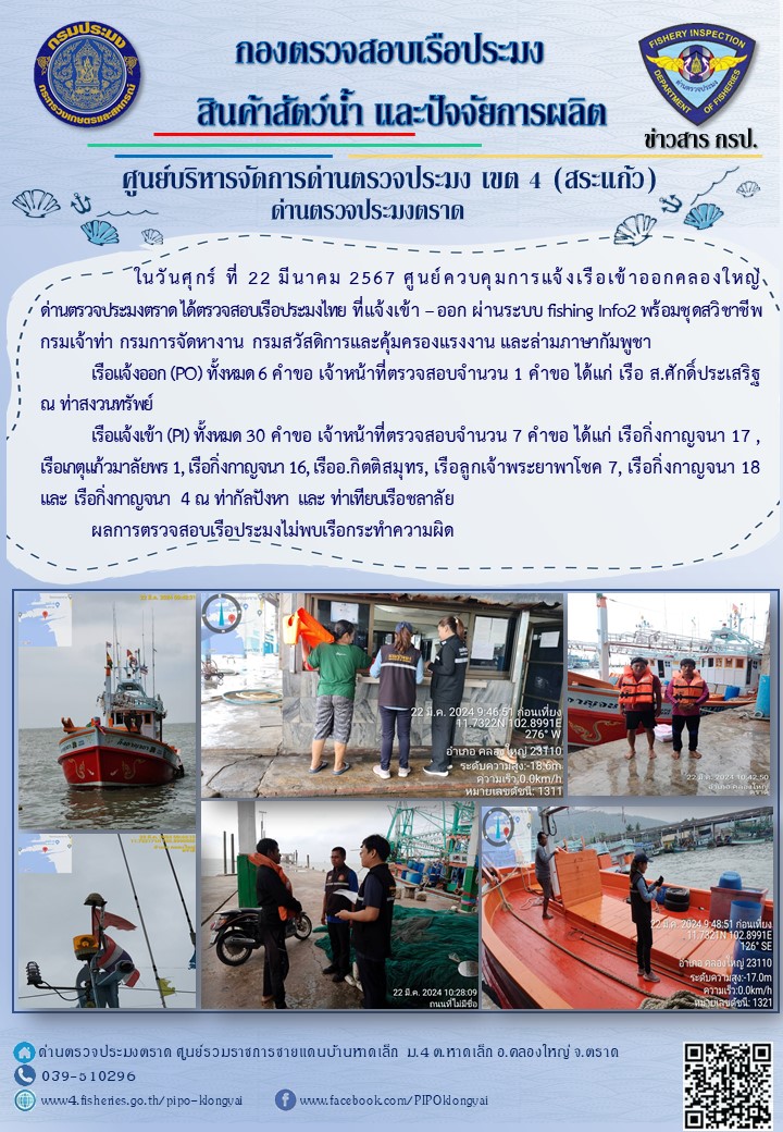 ผลการปฏิบัติงานของศูนย์ควบคุมการแจ้งเรือเข้าออกคลองใหญ่ ด่านตรวจประมงตราด ประจำวันที่ 22 มีนาคม 2567..คลิก
