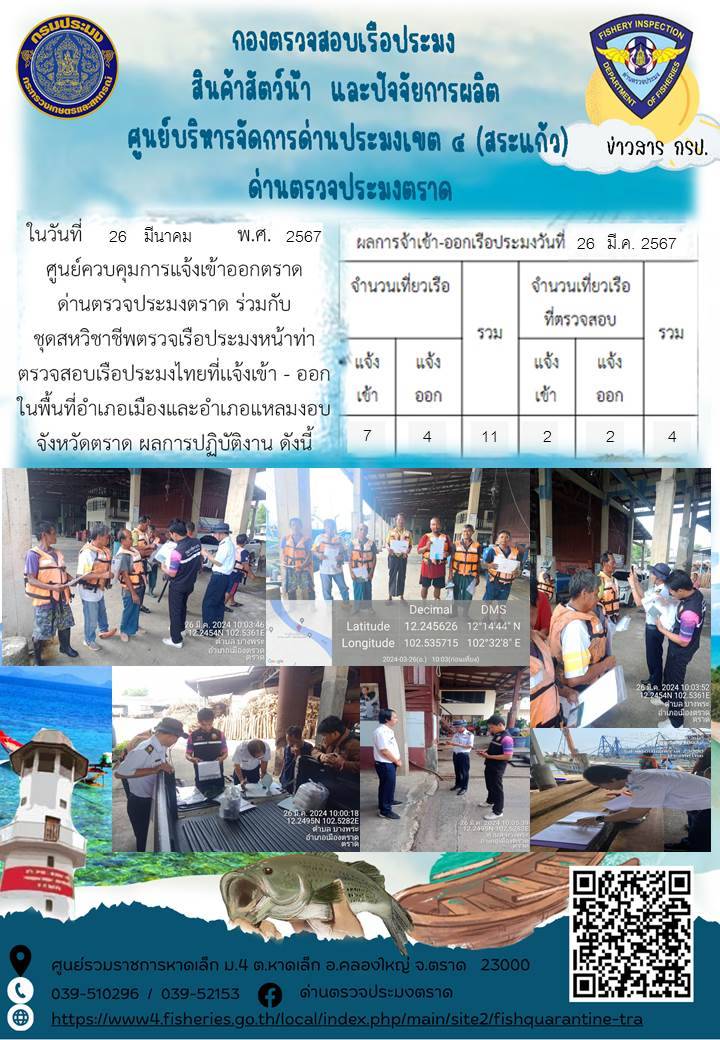 ผลการปฏิบัติงานของศูนย์ควบคุมการแจ้งเรือเข้าออกตราด ด่านตรวจประมงตราด ประจำวันที่ 26 มีนาคม 2567