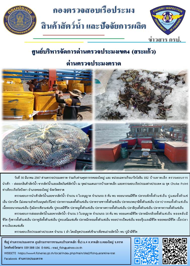 ผลการปฏิบัติงานส่วนงานควบคุมการนำเข้า - ส่งออกสัตว์น้ำ ซากสัตว์น้ำและผลิตภัณฑ์สัตว์น้ำ ด่านตรวจประมงตราด ประจำวันที่ 30 มีนาคม 2567..คลิก