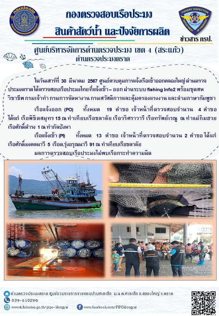 ผลการปฏิบัติงานของศูนย์ควบคุมการแจ้งเรือเข้าออกคลองใหญ่ ด่านตรวจประมงตราด ประจำวันที่ 30 มีนาคม 2567..คลิก