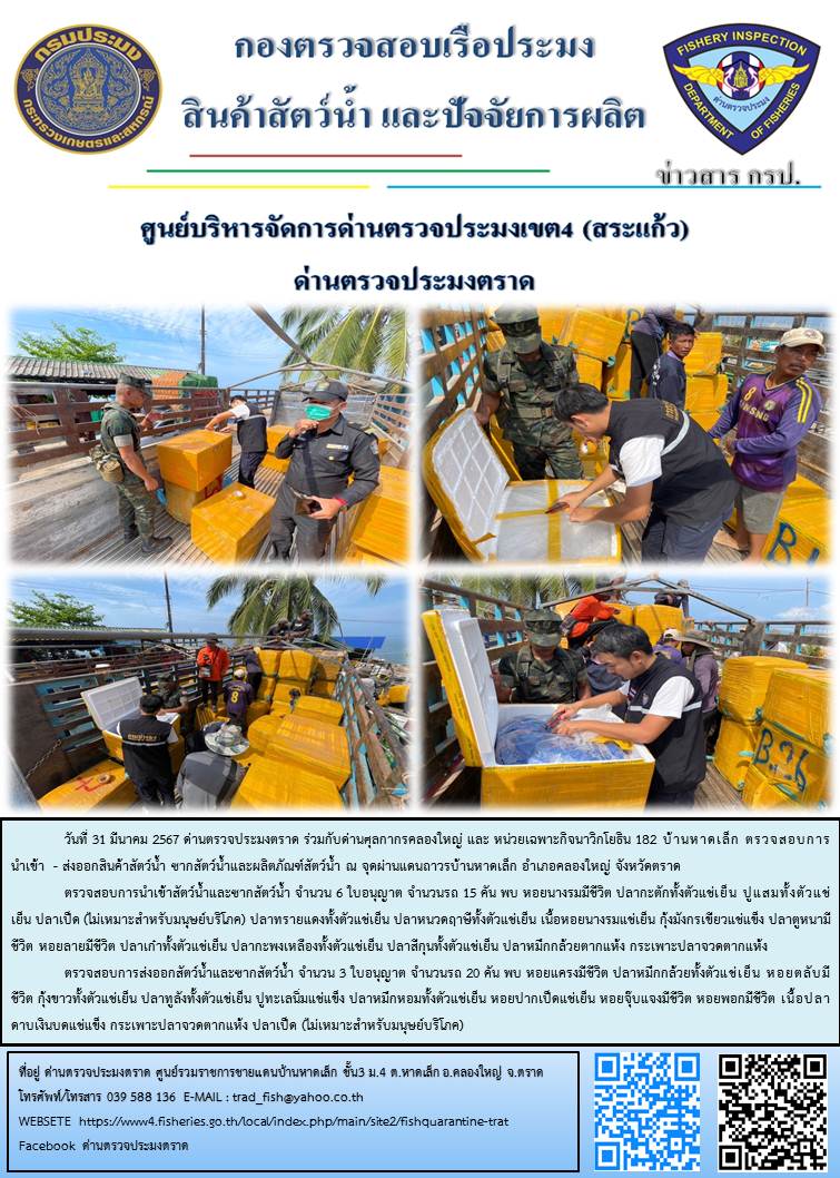 ผลการปฏิบัติงานส่วนงานควบคุมการนำเข้า - ส่งออกสัตว์น้ำ ซากสัตว์น้ำและผลิตภัณฑ์สัตว์น้ำ ด่านตรวจประมงตราด ประจำวันที่ 31 มีนาคม 2567..คลิก