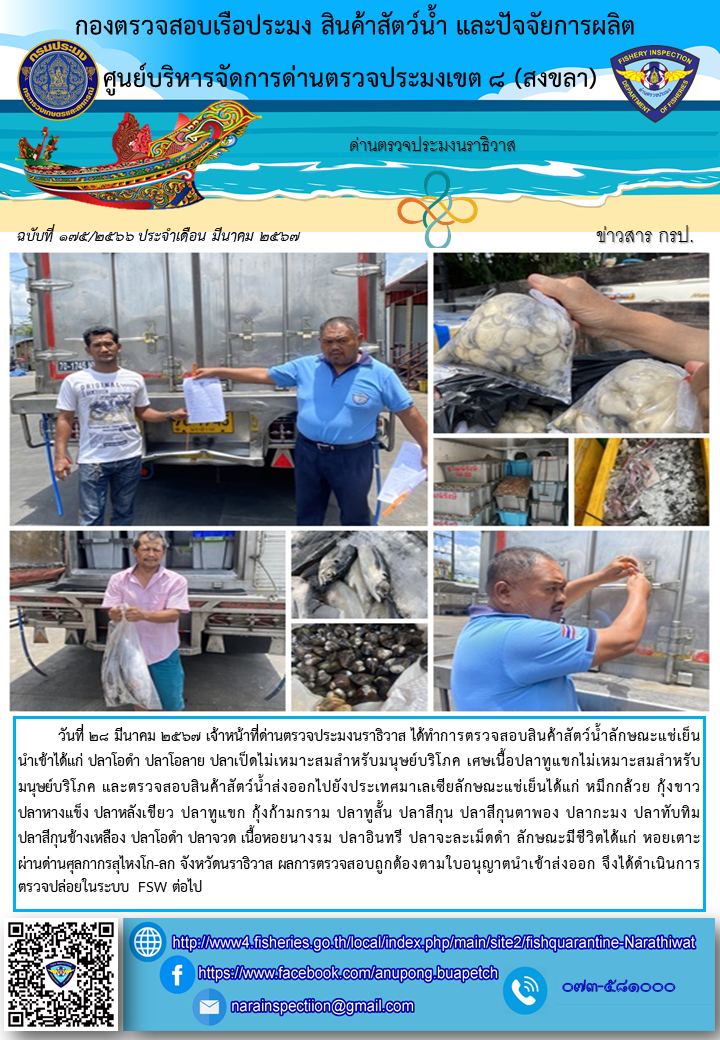 ประชาสัมพันธ์ด่านตรวจประมงนราธิวาส ประจำวันที่ 28 มีนาคม 2567..คลิก