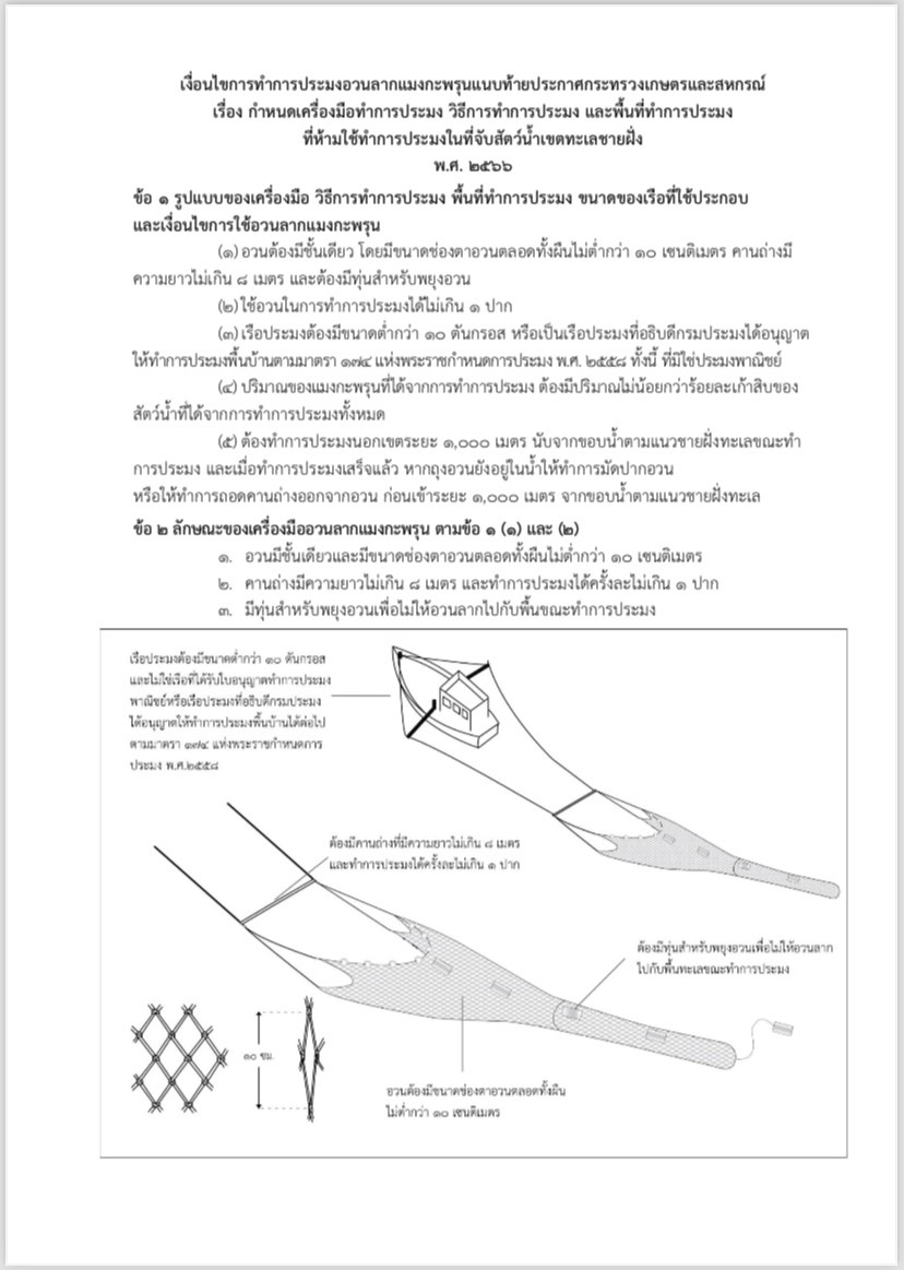 ประกาศกระทรวงเกษตรและสหกรณ์ เรื่อง กำหนดเครื่องมือทำการประมง วิธีการทำการประมง และพื้นที่ทำการประมง ที่ห้ามใช้ทำการประมงในที่จับสัตว์น้ำเขตทะเลชายฝั่ง พ.ศ. ๒๕๖๖..คลิก