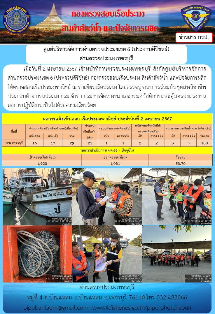 ข่าวประชาสัมพันธ์ ด่านตรวจประมงเพชรบุรี สถิติเรือที่แจ้งเข้า - ออก ประจำวันที่ 2 เม.ย. 2567..คลิก